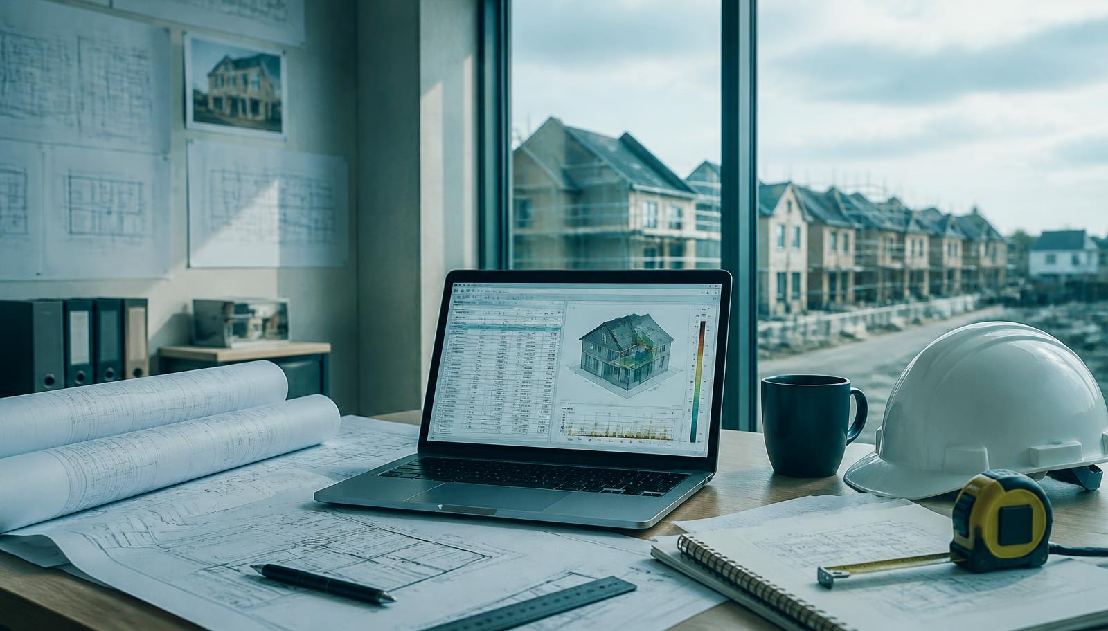 Site office desk with rolled drawings, a hard hat and a laptop showing an energy model, overlooking new-build houses