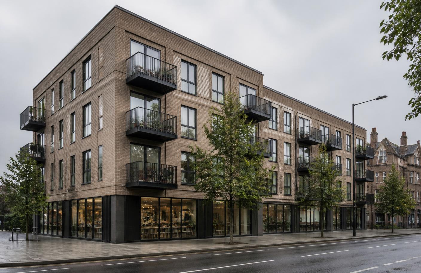 London mixed-use building with commercial units at ground floor beneath brick apartments
