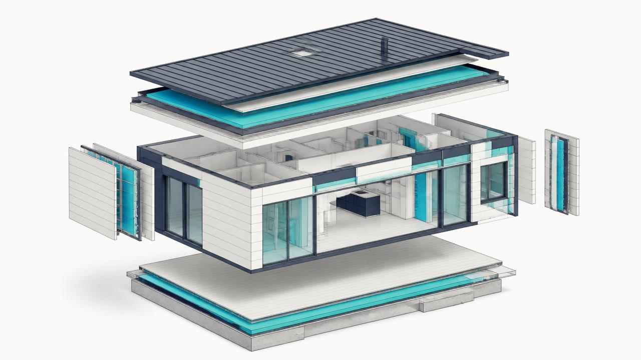 Exploded view of a modern dwelling showing insulation, glazing and floor layers