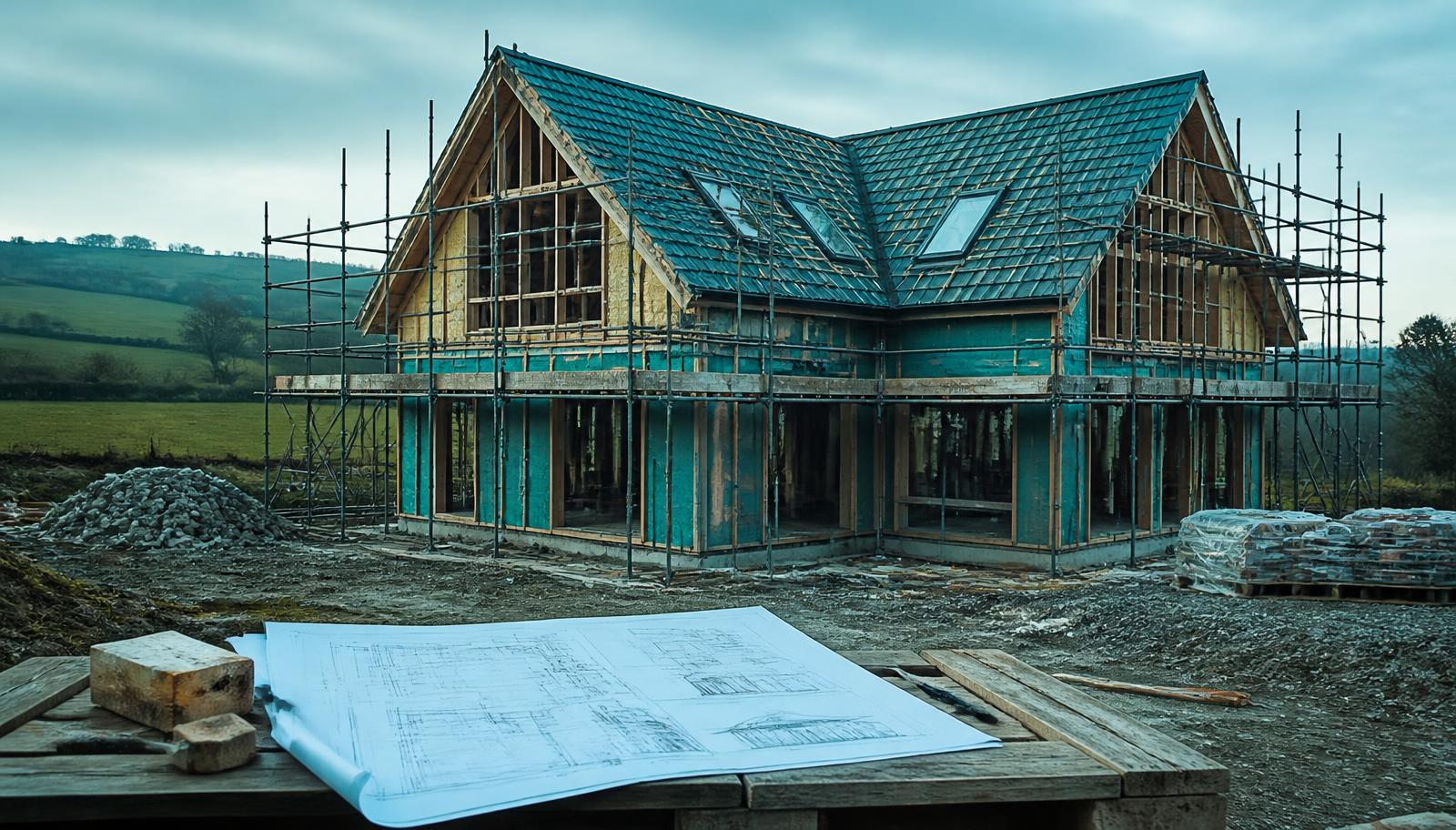 Single self-build house under construction in open countryside, with architectural drawings on a workbench in front